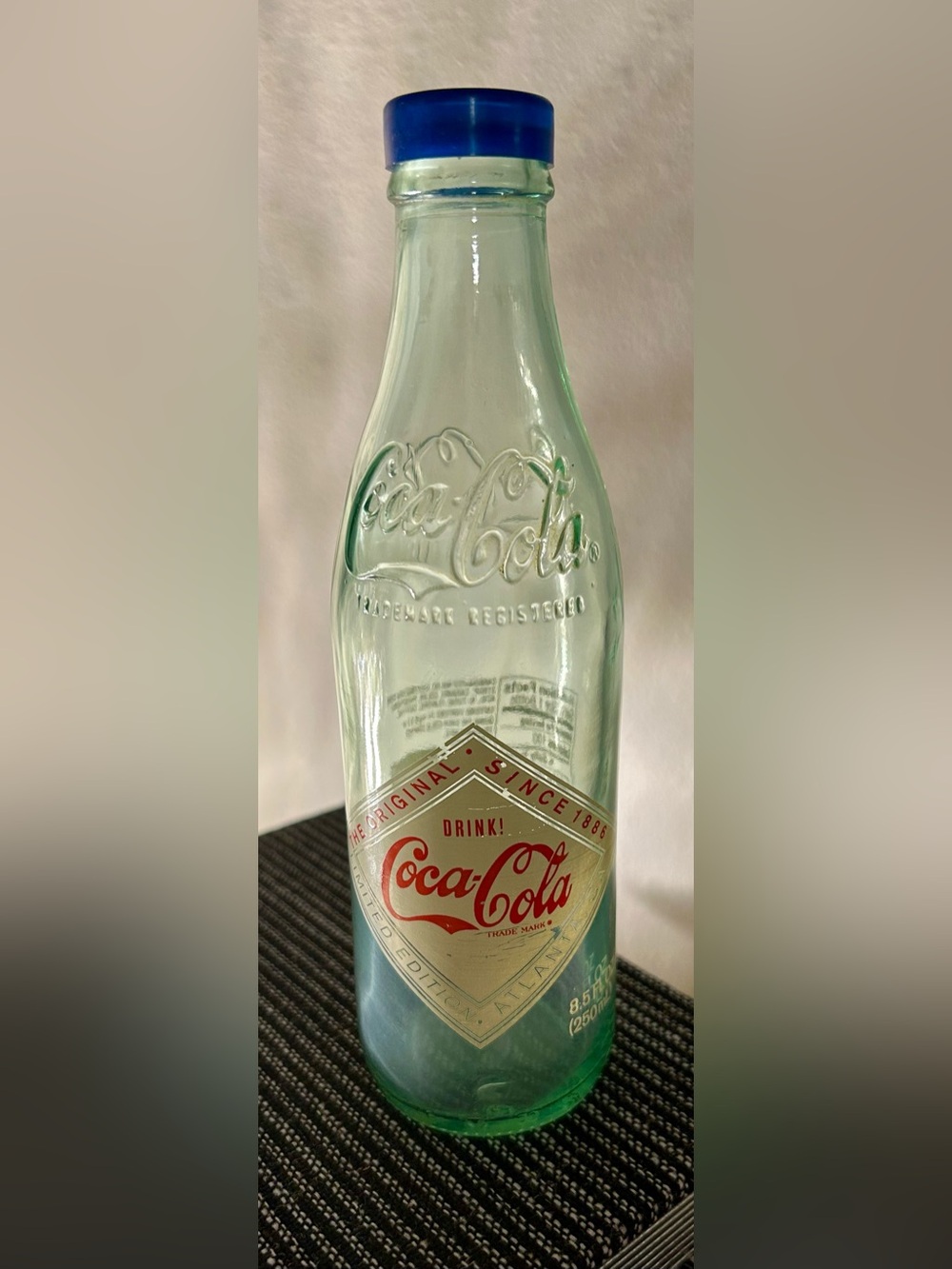 Coca Cola Vintage vibe Green Glass shaker Bottle with Blue Cap and Red Logo